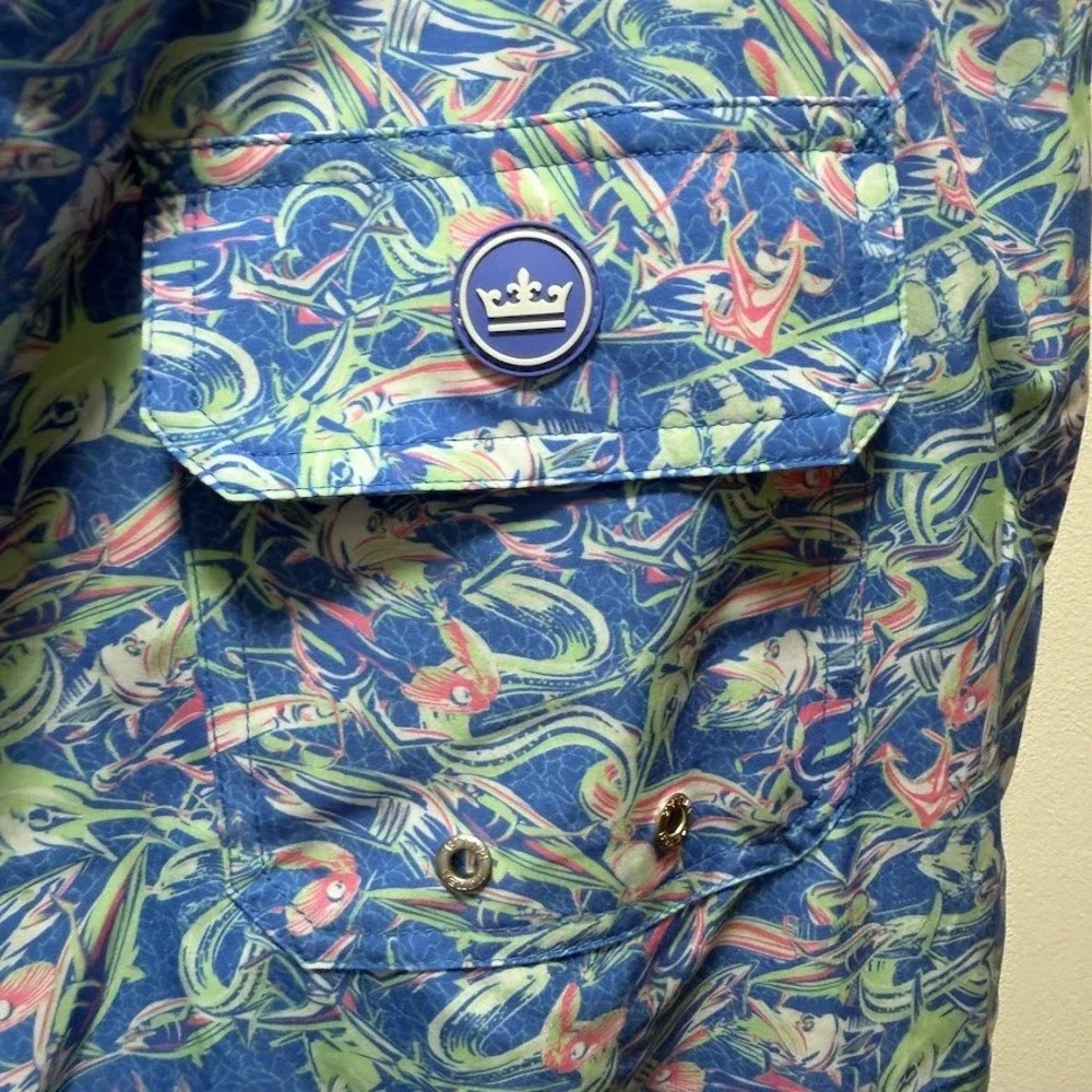 Peter Millar Crown Sport Mens Blue Fish Print Swim Trunks Shorts XLT